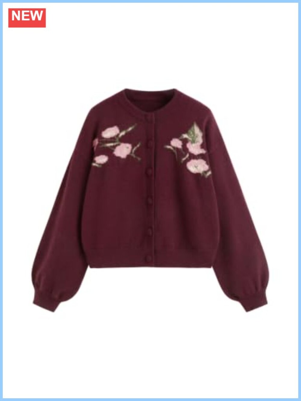 Floral Button Down Crewneck Cardigan Cozy Knit Sweater